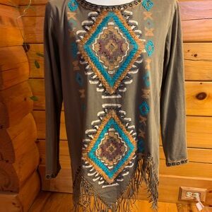 Double D Ranch Southwest Patterned Fringed Long Sleeve Size Small